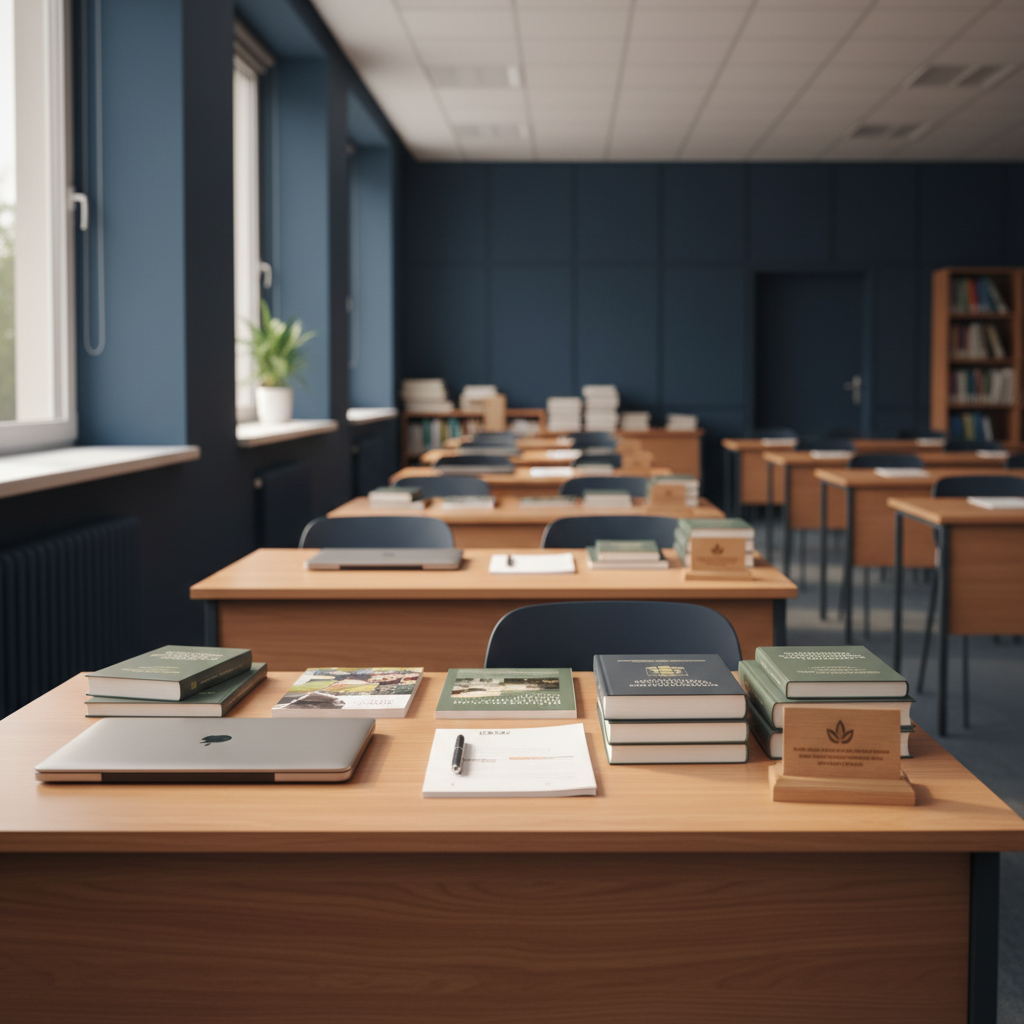 Ujęcie warsztatowe programu kierunku Bibliotekoznawstwo — detal pracowni lub stanowiska szkoleniowego, spójne z identyfikacją wizualną Andragog (sekcja programu i praktyki).