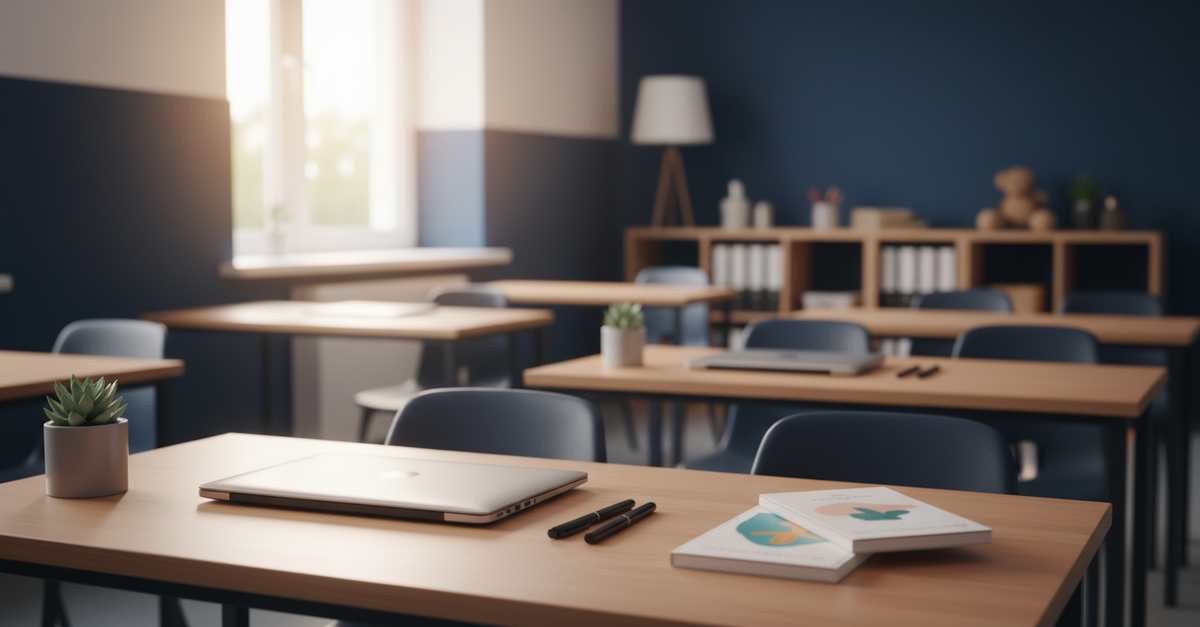 Ujęcie warsztatowe programu kierunku Edukacja zdrowotna — detal pracowni lub stanowiska szkoleniowego, spójne z identyfikacją wizualną Andragog (sekcja programu i praktyki).