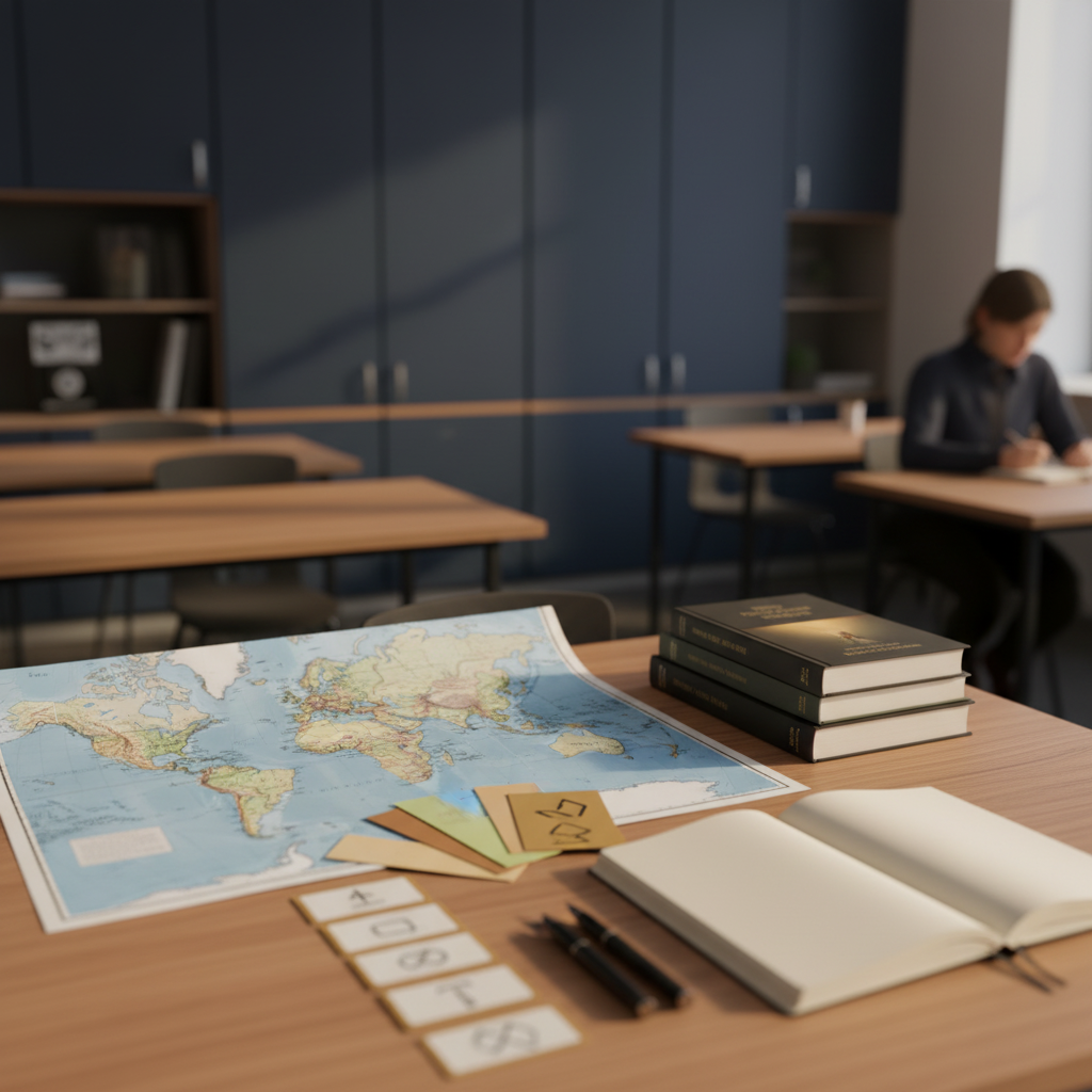 Ujęcie warsztatowe programu kierunku Geografia — detal pracowni lub stanowiska szkoleniowego, spójne z identyfikacją wizualną Andragog (sekcja programu i praktyki).