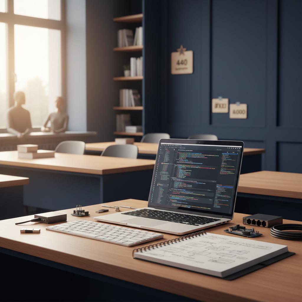 Ujęcie warsztatowe programu kierunku Informatyka — detal pracowni lub stanowiska szkoleniowego, spójne z identyfikacją wizualną Andragog (sekcja programu i praktyki).