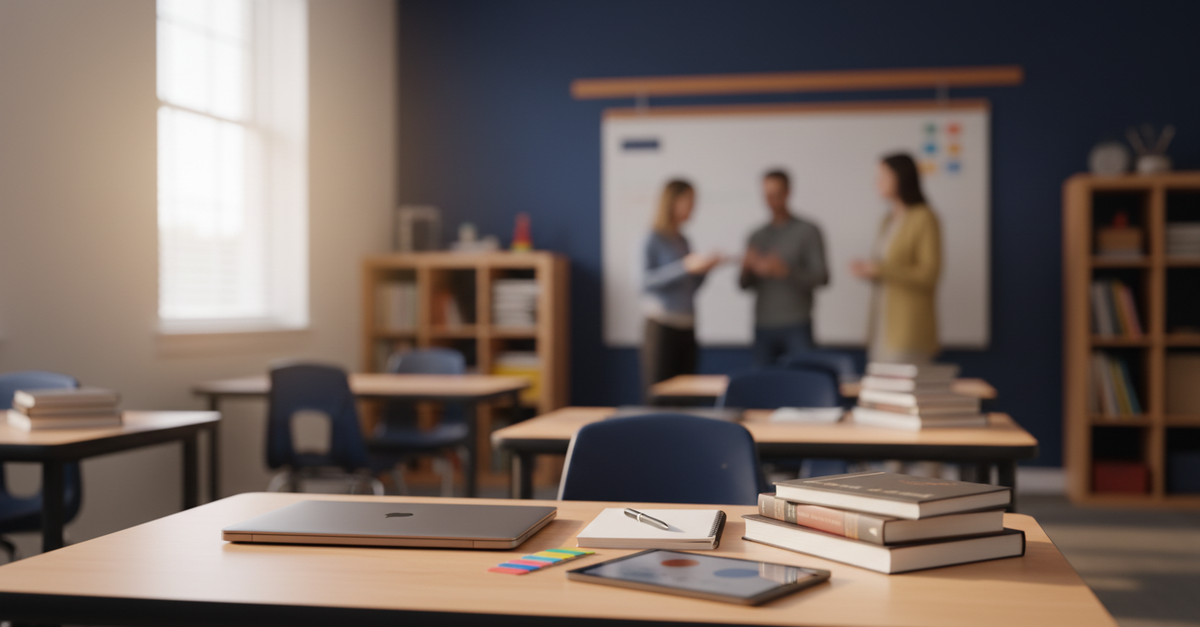 Ujęcie warsztatowe programu kierunku Przygotowanie pedagogiczne zawodowe — detal pracowni lub stanowiska szkoleniowego, spójne z identyfikacją wizualną Andragog (sekcja programu i praktyki).