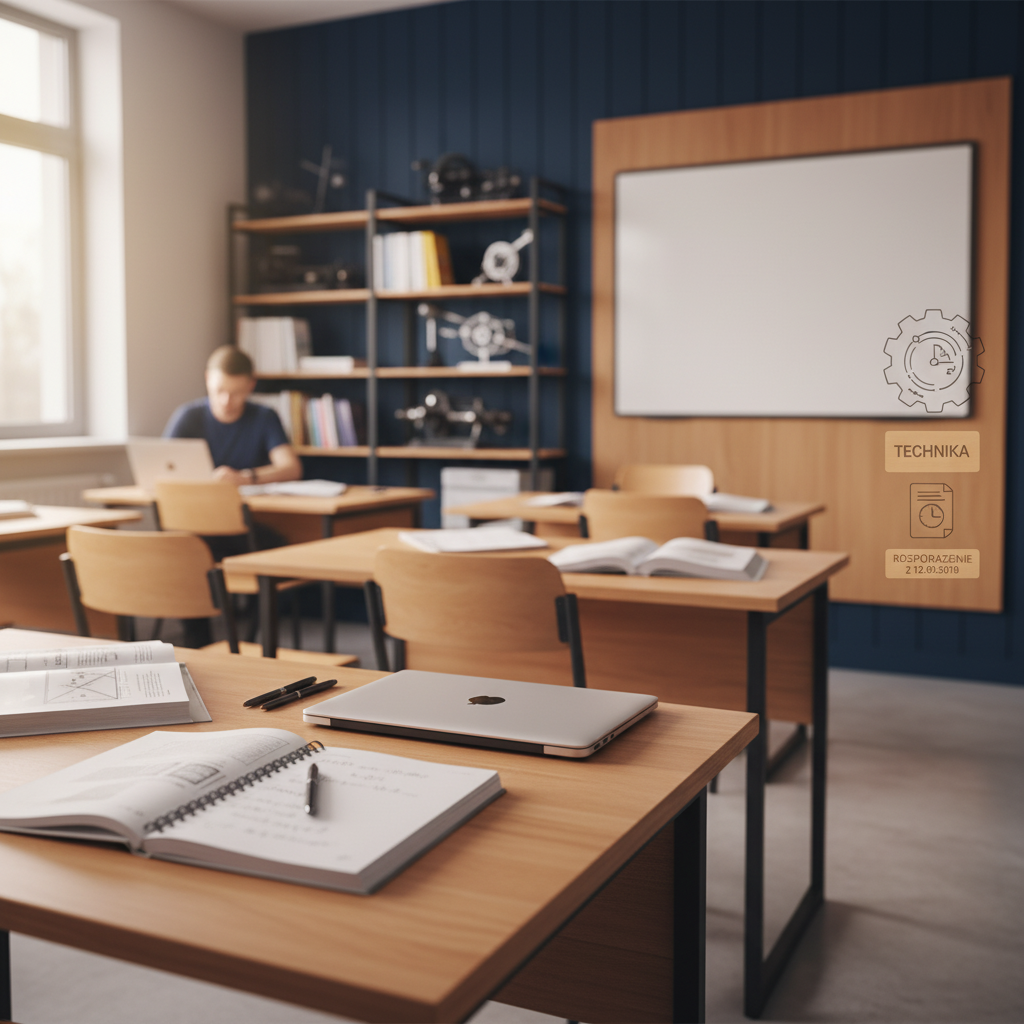 Ujęcie warsztatowe programu kierunku Technika — detal pracowni lub stanowiska szkoleniowego, spójne z identyfikacją wizualną Andragog (sekcja programu i praktyki).