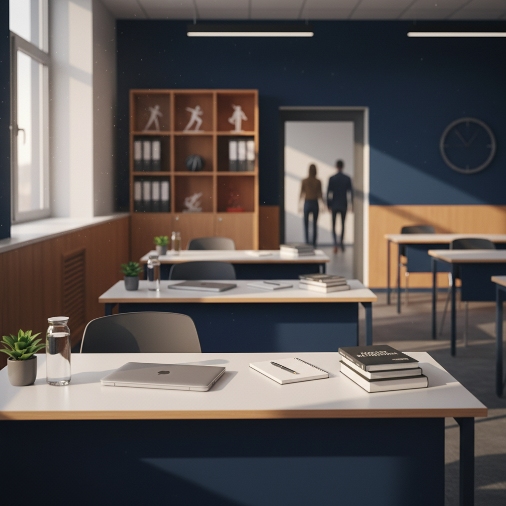 Ujęcie warsztatowe programu kierunku Wychowanie fizyczne — detal pracowni lub stanowiska szkoleniowego, spójne z identyfikacją wizualną Andragog (sekcja programu i praktyki).