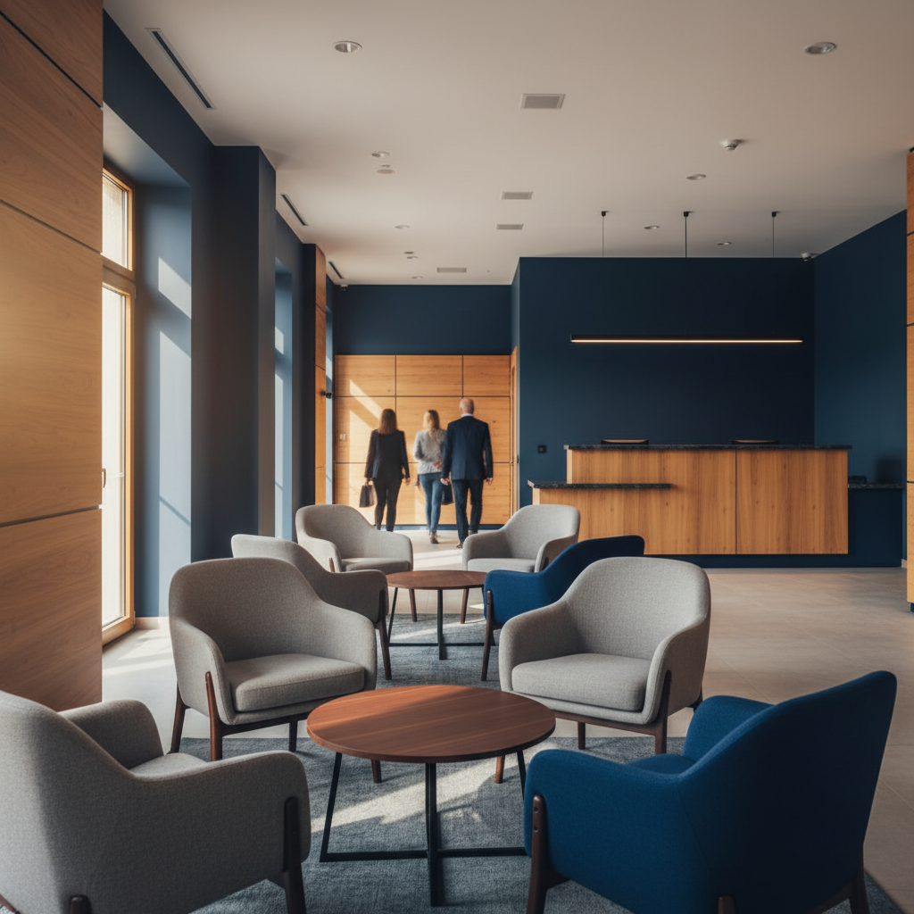 Nowoczesna strefa wejściowa i lounge dla kandydatów Andragog, w klimacie studiów podyplomowych dla dorosłych.